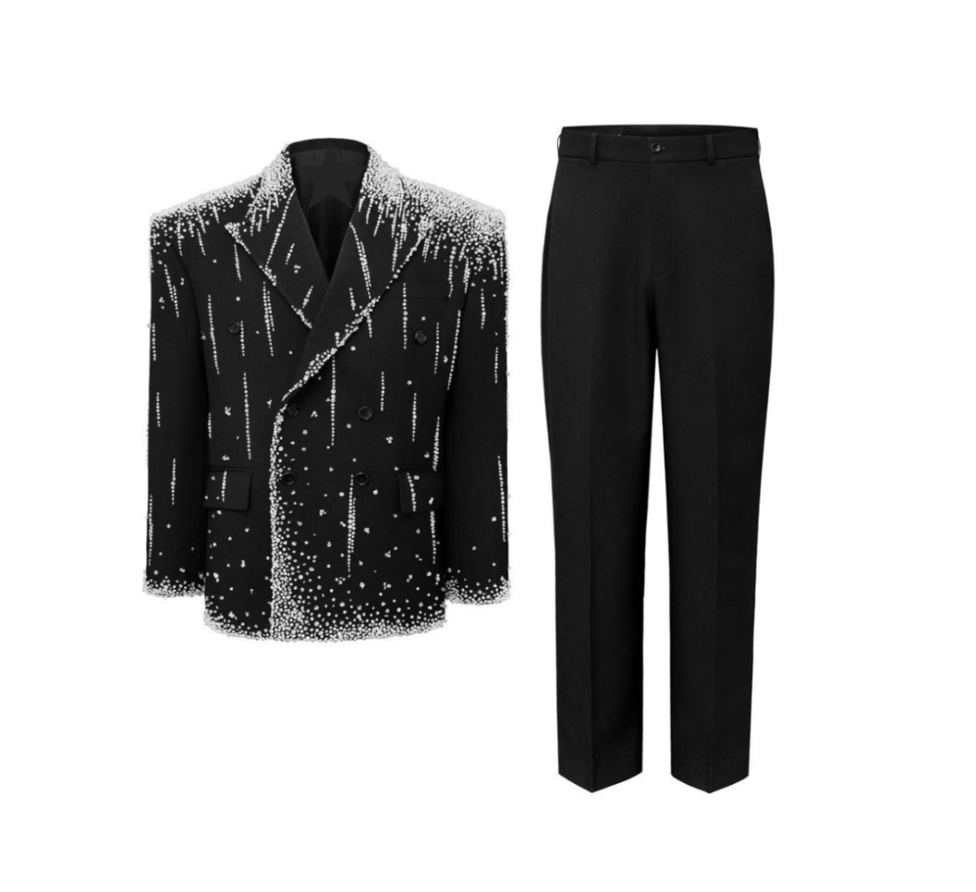 Black suit with white embellishments on a white background