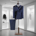 FSTS™ Navy Blue Glitter Tweed Double-Breasted Suit | Men's Luxury Jacket & Pants Set