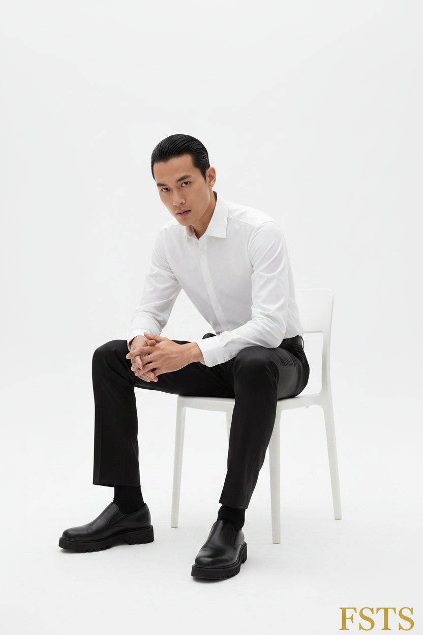 Black Satin Pants - Seated White
