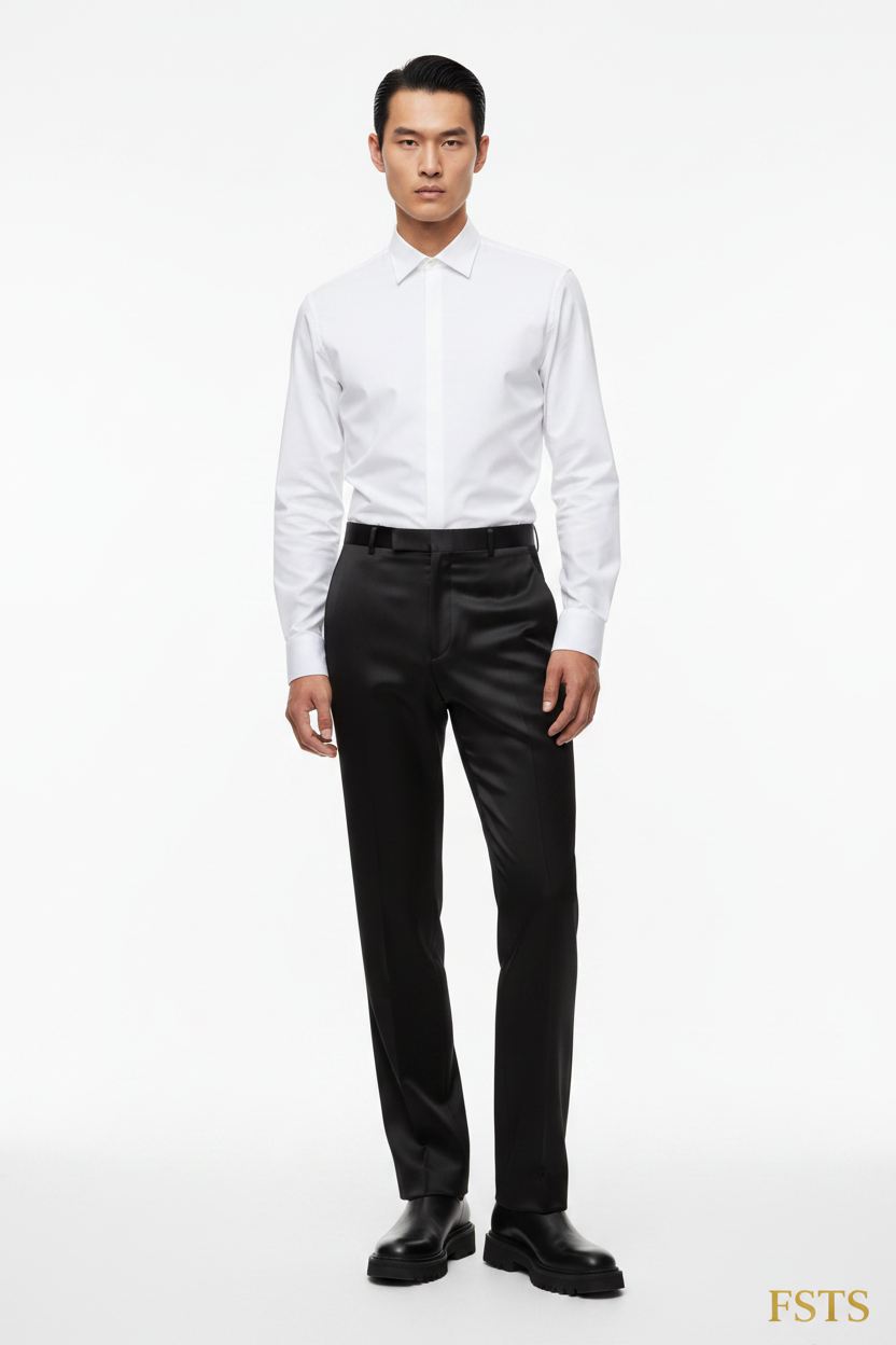 Black Satin Pants - Standing White