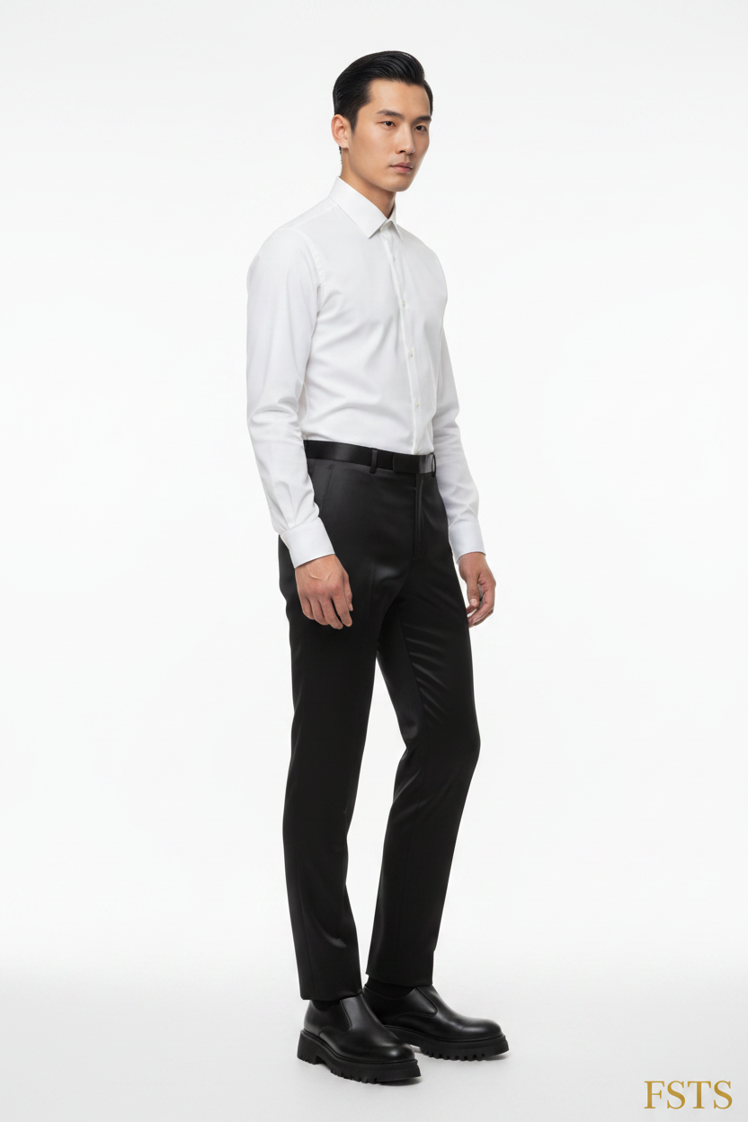 Black Satin Pants - Three Quarter White