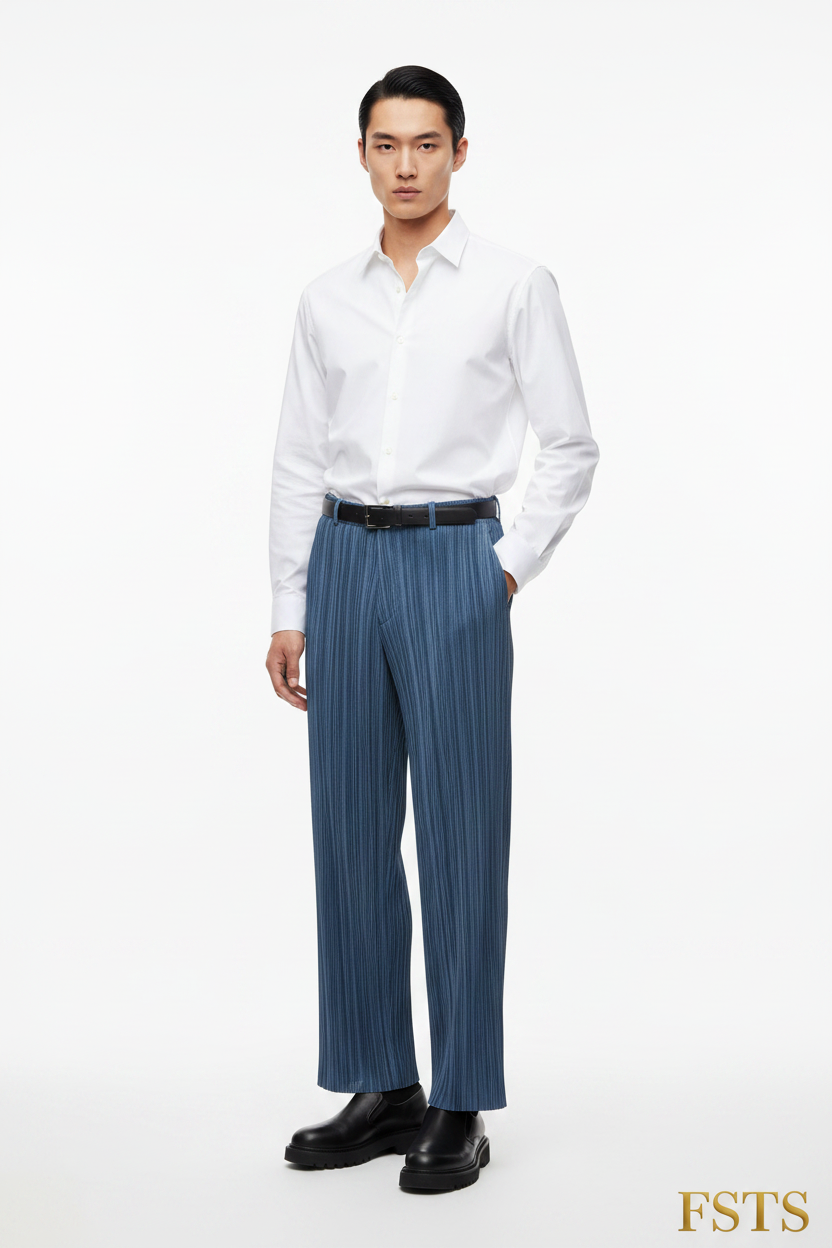 Blue Pleated Pants - Belt Natural Waist