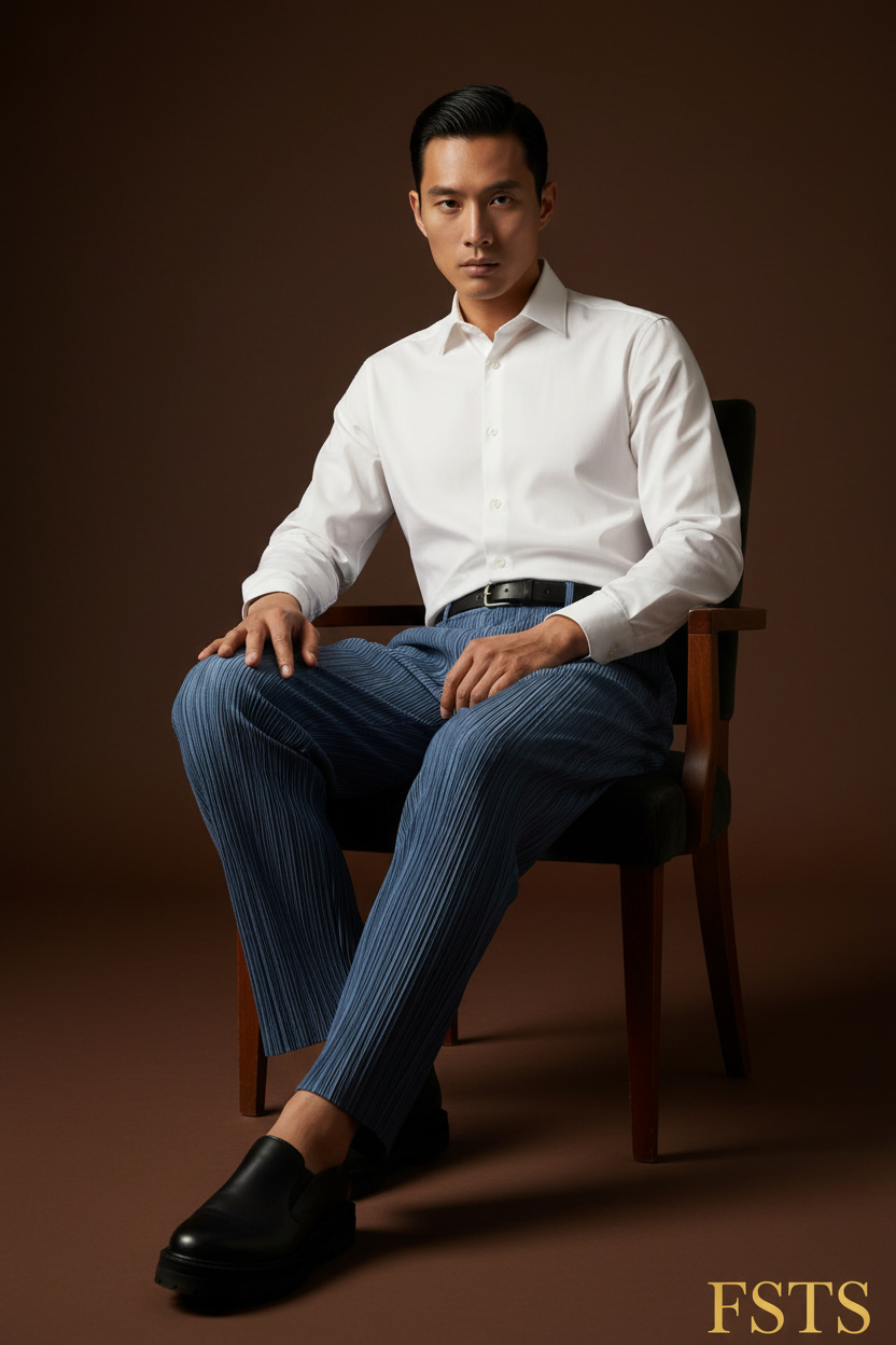 Blue Pleated Pants - Seated Dark Belt