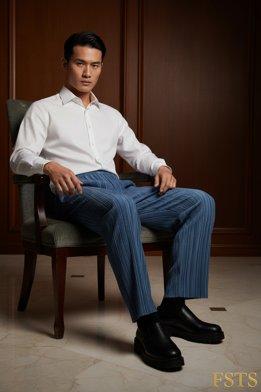 Blue Pleated Pants - Seated Dark