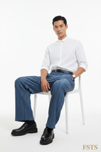 Blue Pleated Pants - Seated White Belt