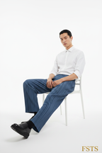 Blue Pleated Pants - Seated White
