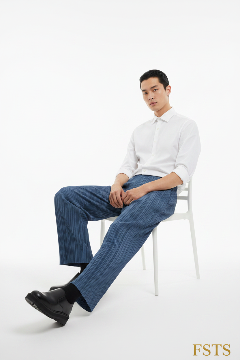 Blue Pleated Pants - Seated White