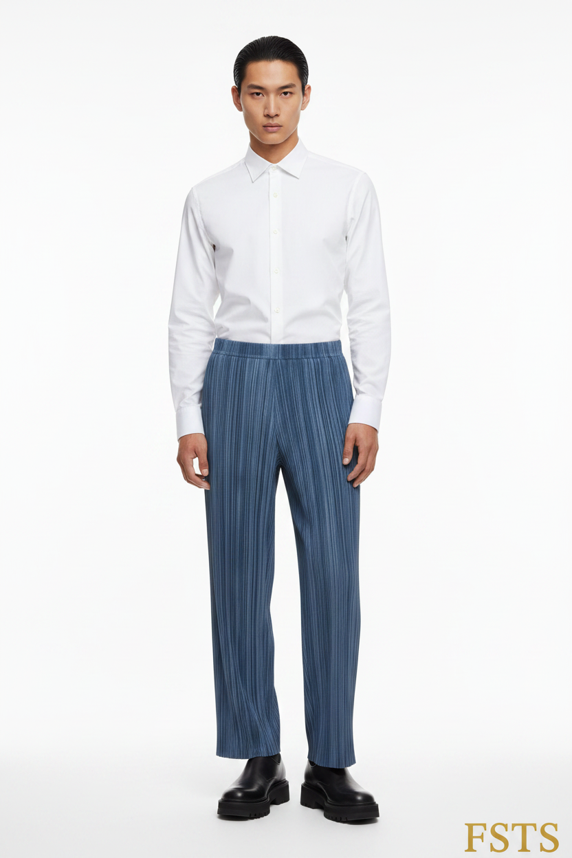 Blue Pleated Pants - Standing White