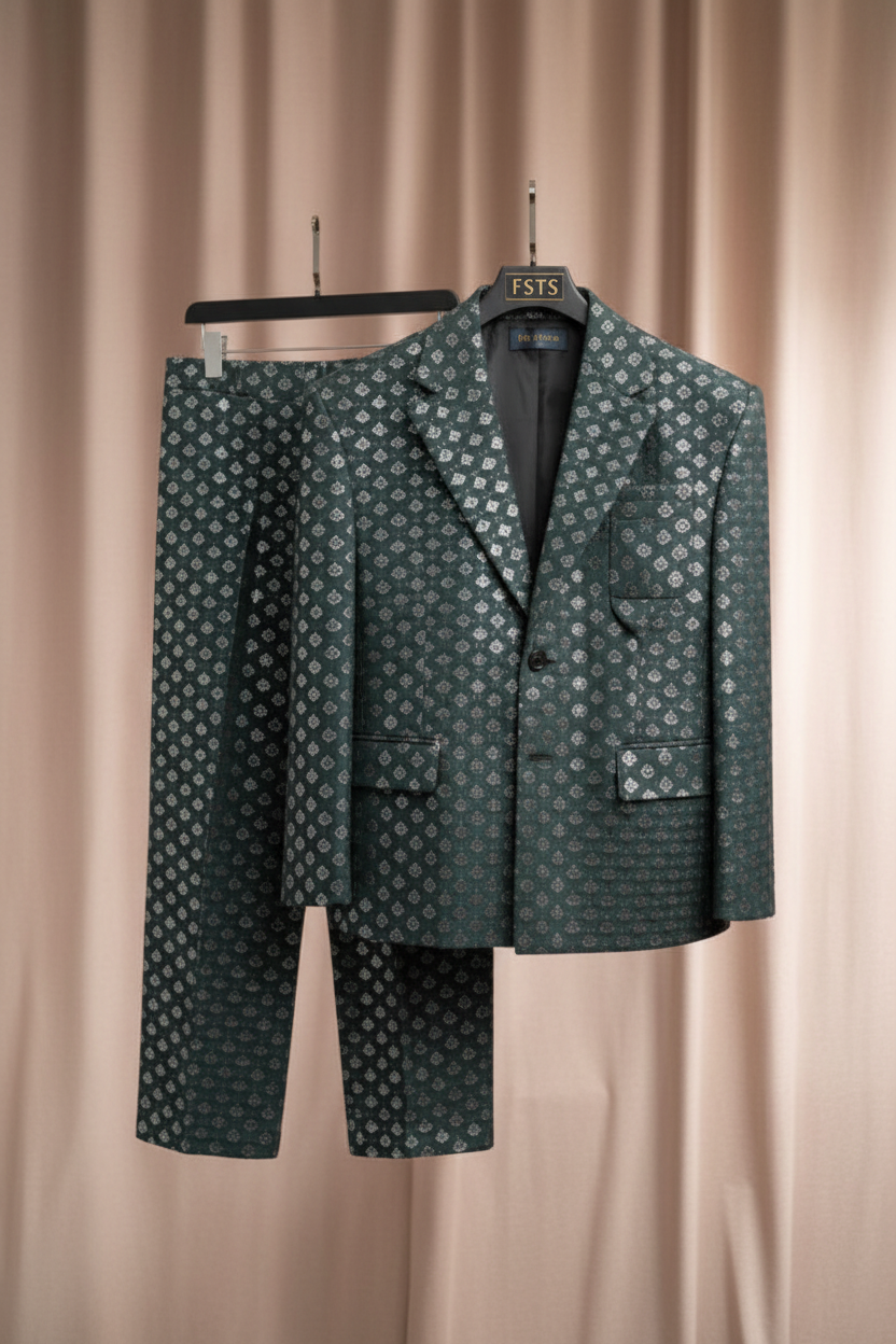 FSTS Green Monogram Jacquard Luxury Blazer & Pants Set