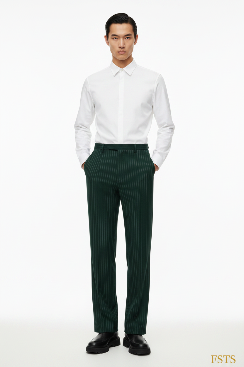 Green Pinstripe Pants - Hands Pockets