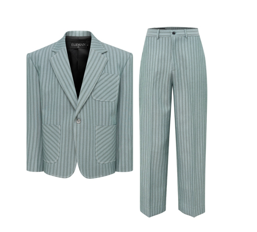 FSTS™ Sage Shimmer Pinstripe Suit | Korean Wool Blend | Notch Lapel