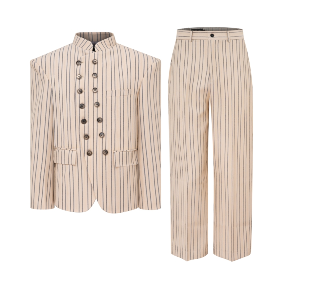 FSTS™ Ivory Double-Breasted Pinstripe Suit | Korean Wool Blend | Mandarin Collar
