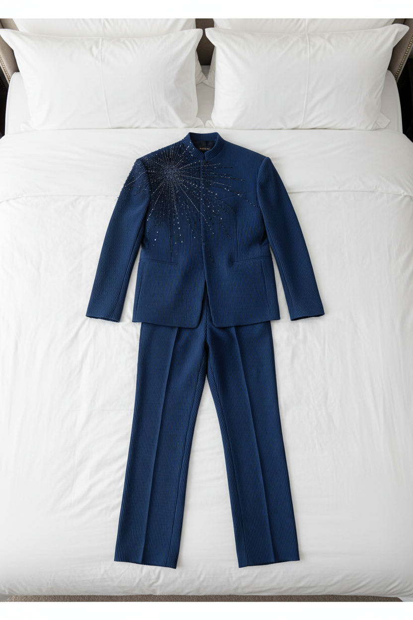FSTS Blue Pleated Set - Bed Flatlay