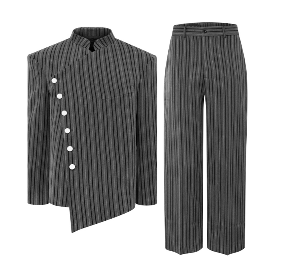 FSTS™ Charcoal Asymmetric Diagonal Button Suit | Korean Wool Blend | Avant-Garde