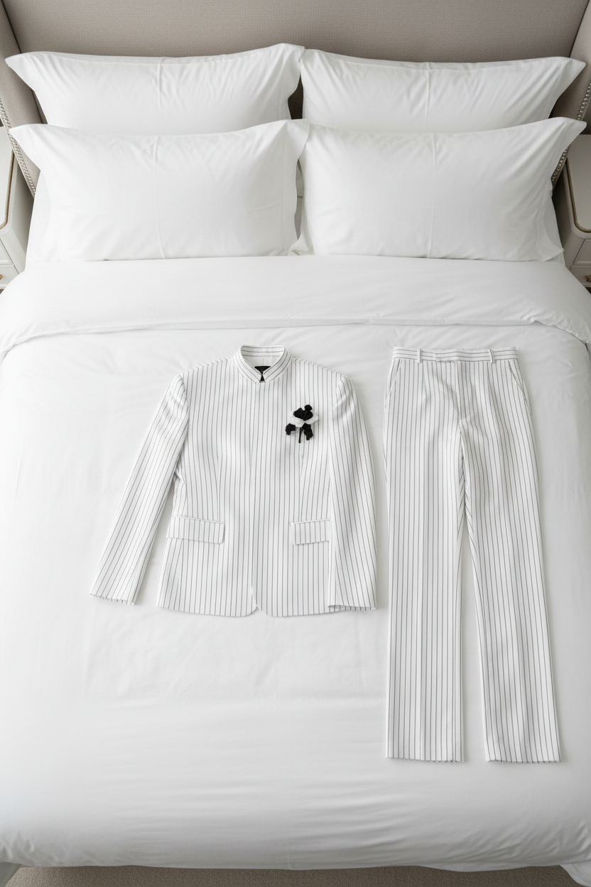 FSTS White Pinstripe Set - Bed Flatlay