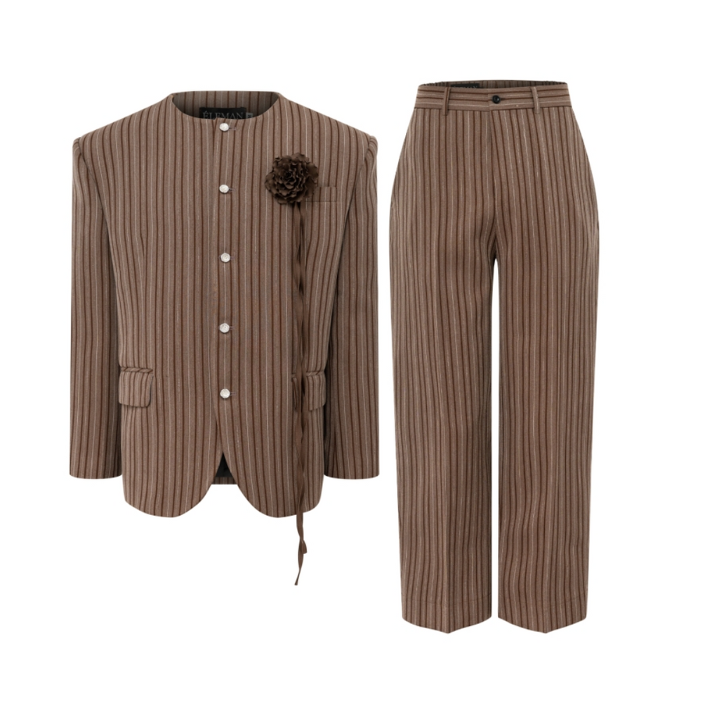 FSTS™ Khaki Pinstripe Boutonniere Suit | Korean Wool Blend | Collarless