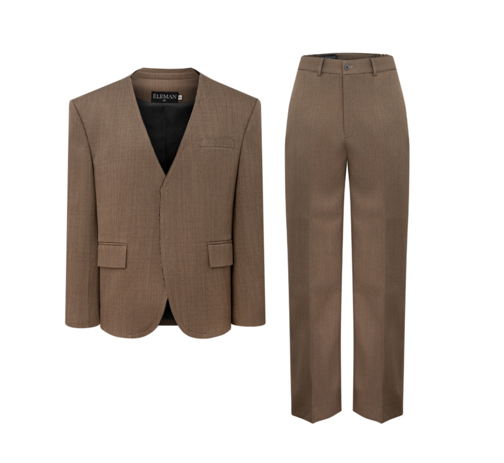 FSTS™ Taupe Collarless Suit | Korean Wool Blend | Light Brown