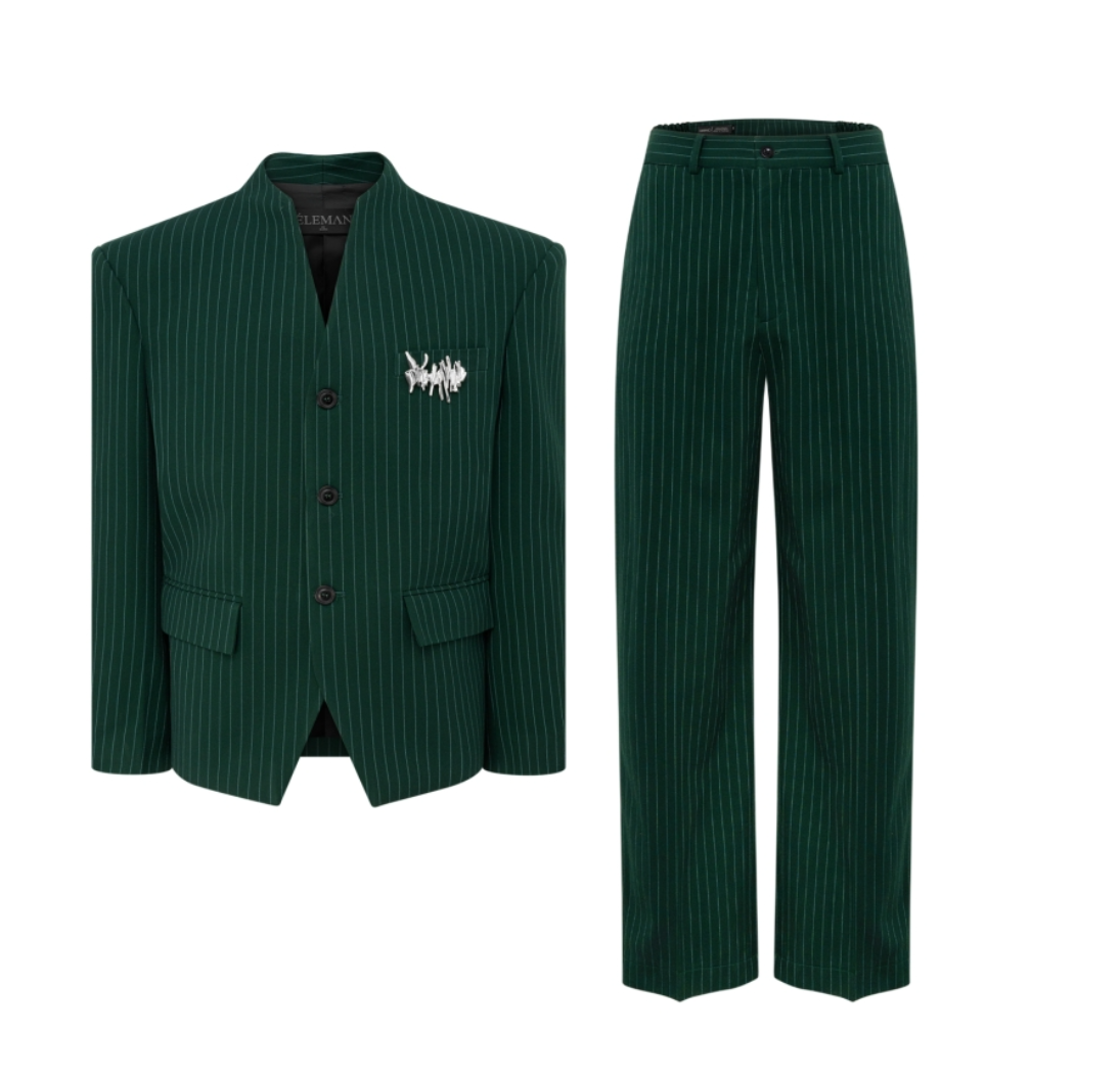 FSTS™ Forest Green Pinstripe Brooch Suit | Korean Wool Blend | Mandarin Collar