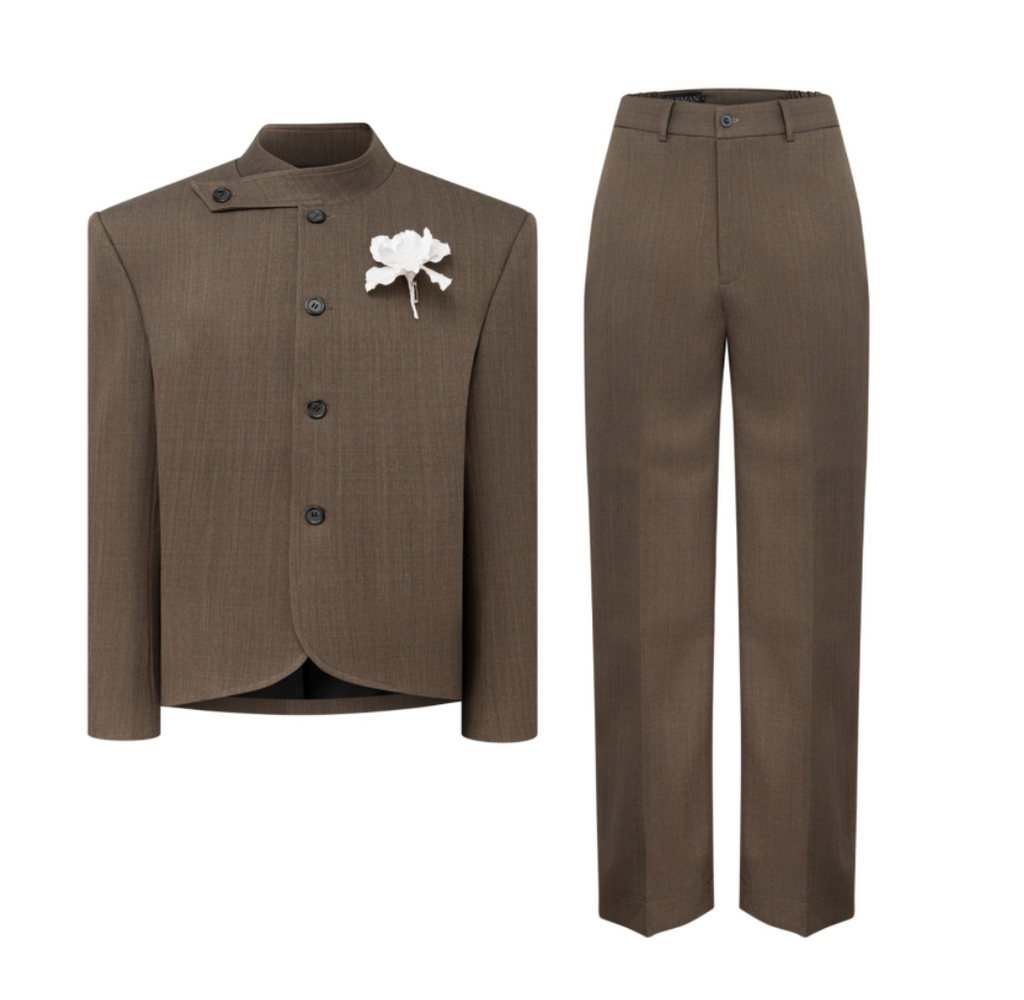 FSTS™ Olive Boutonniere Suit | Korean Wool Blend | Mandarin Collar