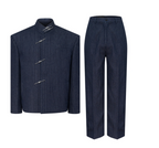 FSTS™ Navy Pinstripe Frog Clasp Suit | Korean Wool Blend | Mandarin Collar