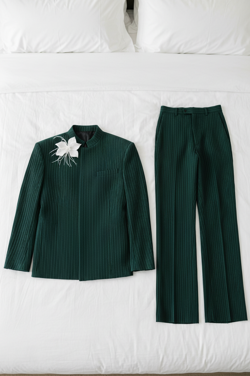 FSTS Dark Green Pleated Set - Bed Flatlay