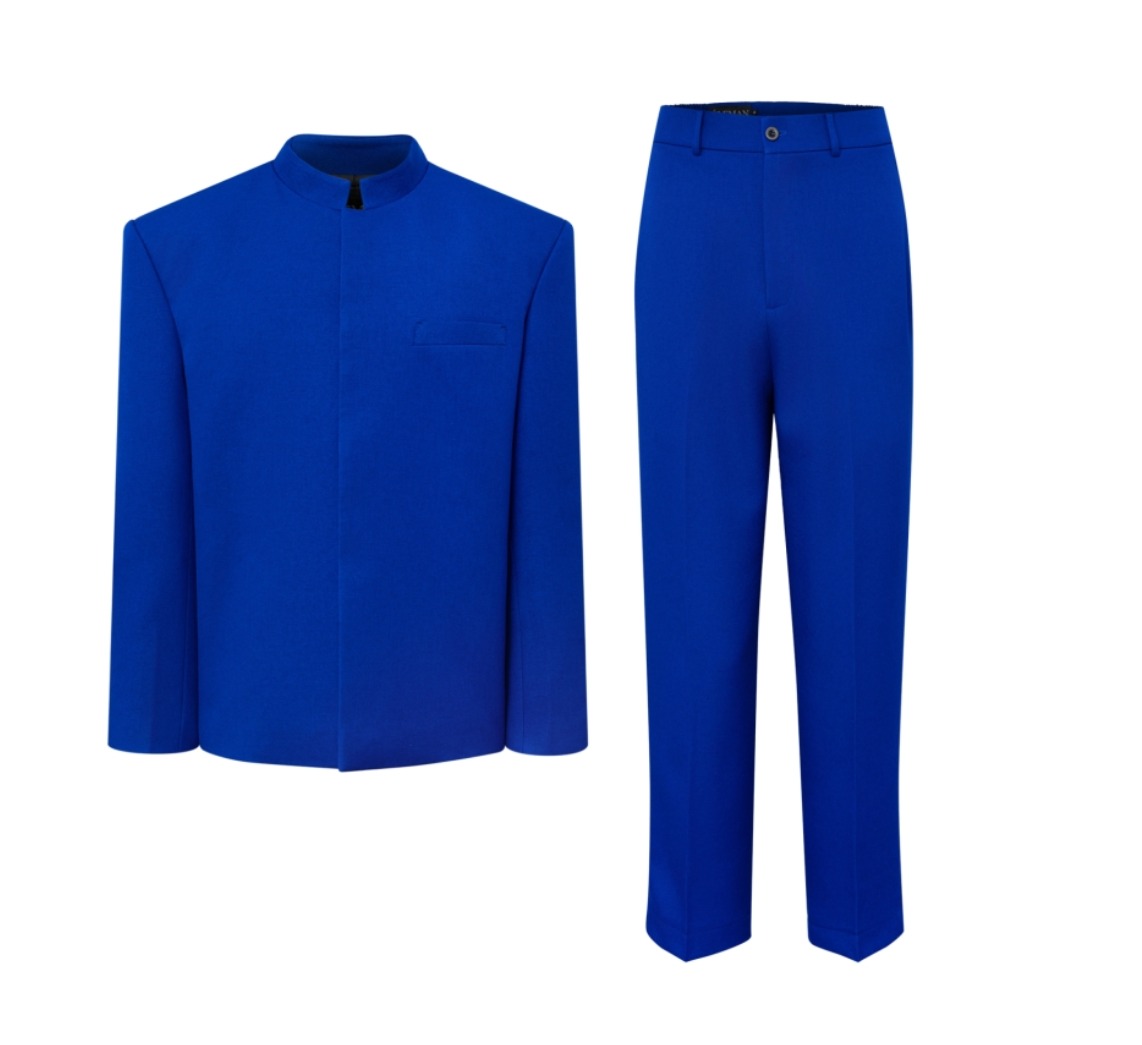 FSTS™ Royal Blue Minimalist Zip Suit | Korean Wool Blend | Mandarin Collar