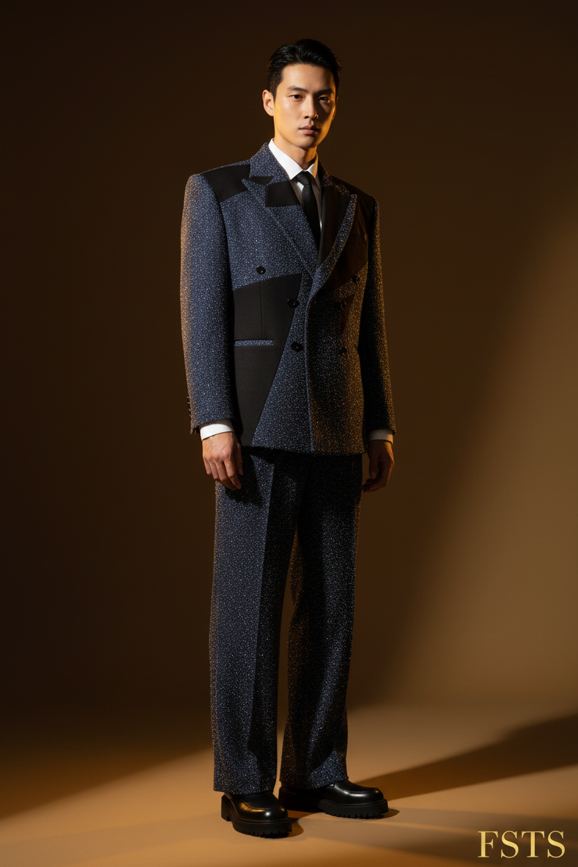 Navy Blue Glitter Suit - Asian Model Dark BG