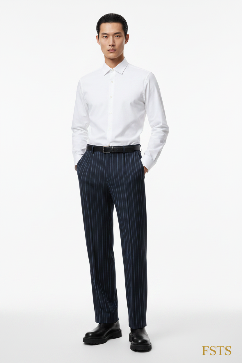 Navy Pinstripe - Hands Pockets White