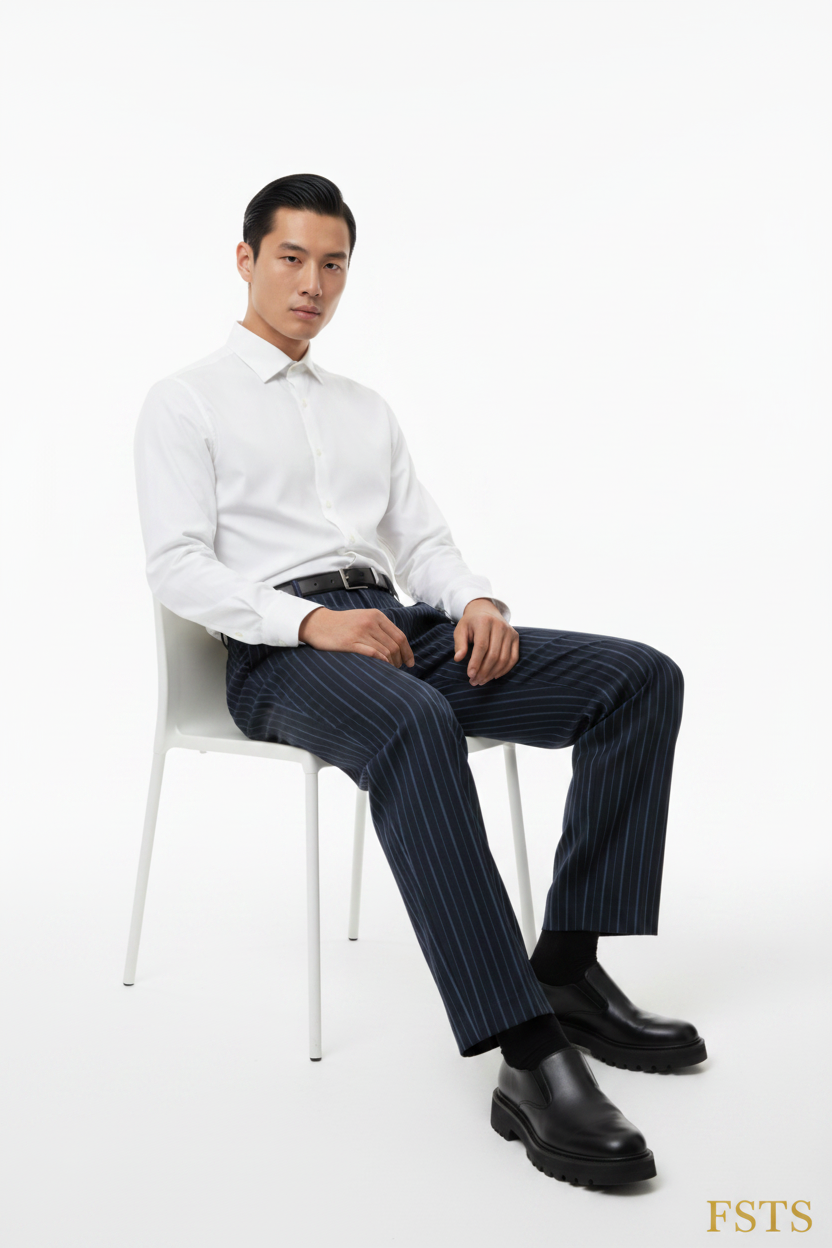 Navy Pinstripe - Seated White