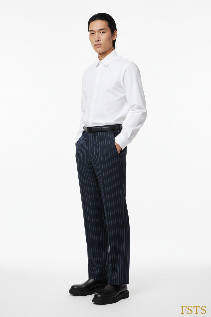 Navy Pinstripe - Three Quarter White