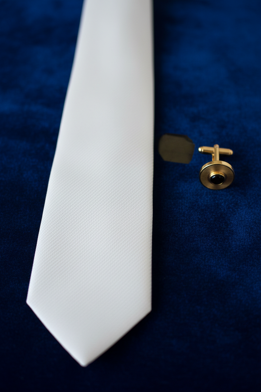 White Silk Tie Flat Lay